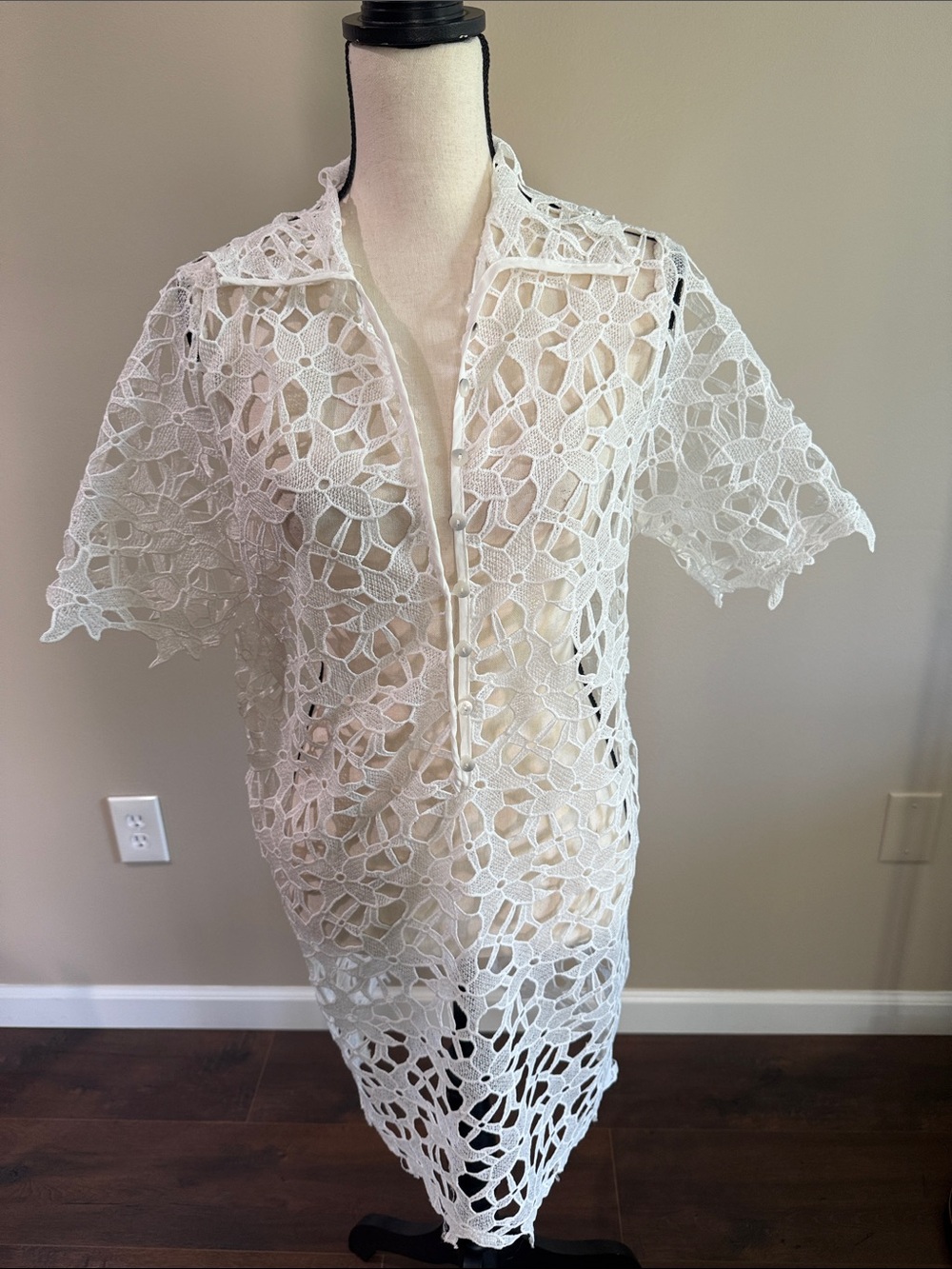 Women's White Crochet Swim Coverup Shirt Dress Size S